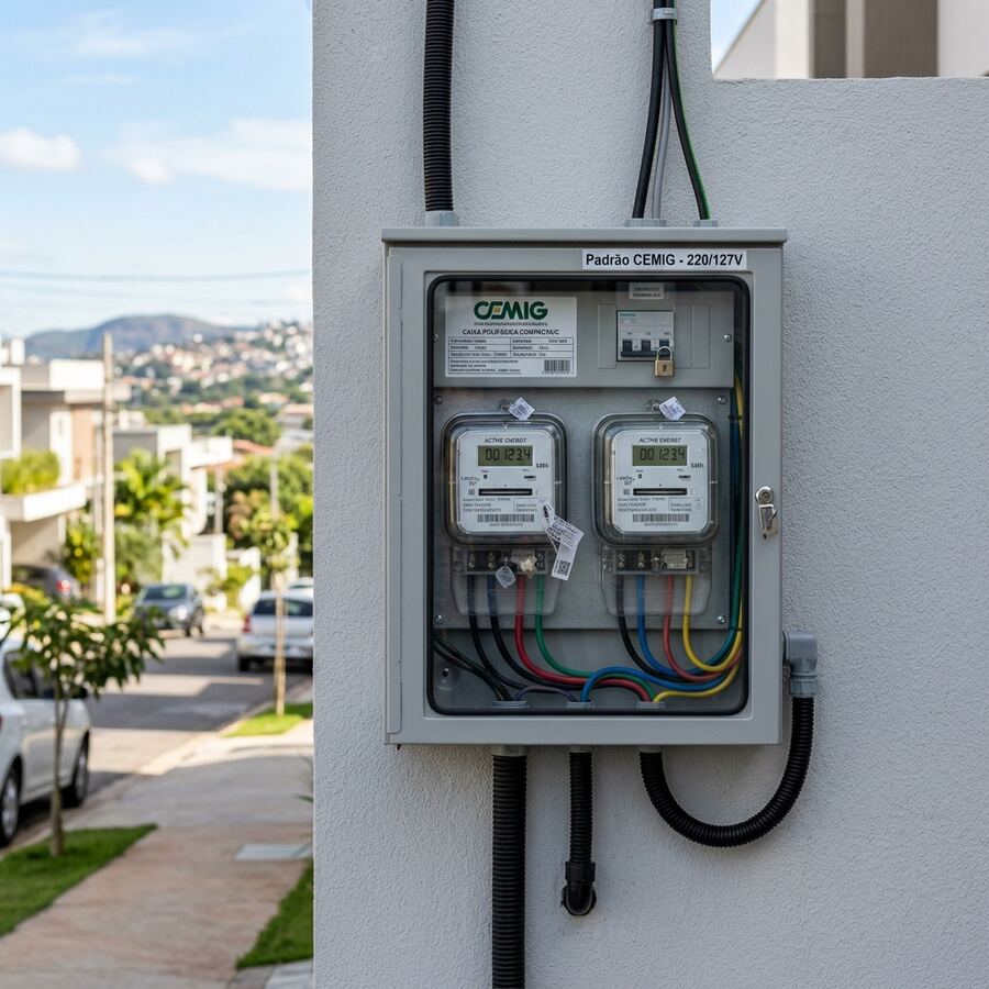 Padrão de entrada CEMIG instalado em parede, com caixa de medição, dois medidores e disjuntor geral